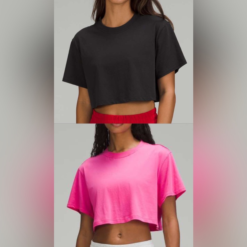 NEW (2) Lululemon All Yours Cropped Tees Size 6 in Black & Sonic Pink